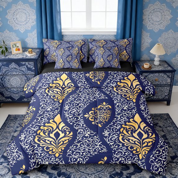 Erosebridal Navy Gold Paisley Twin Bedding Sets, Hippie Bohemian Bedding Comforter Set, Black Reversible 7pcs