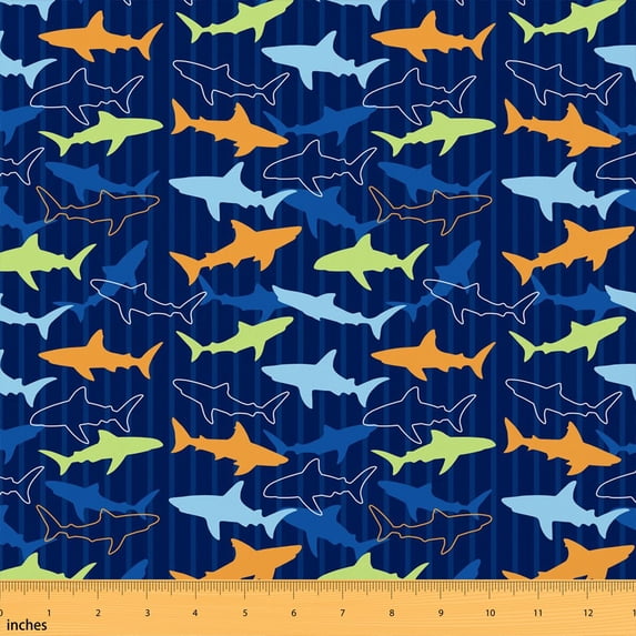 Erosebridal Navy Shark Fabric by the Yard 1 Yard, Orange Blue Green Fish Home Decor Fabric by the Yard