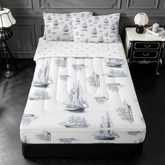 Erosebridal Navy Sketch Sailboat Zipper Queen Comforter Set with Fitted Sheet and 2 Pillowcases,Vintage Ship Nautical Zipper Bedding Set For Boys,Reversible,4 Pieces