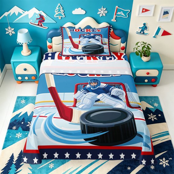 Erosebridal Navy Star Border Hockey Twin Sheets,Red Blue Goalie Motif Bedding,3pcs,1 Flat Sheet,1 Fitted Sheet and 1 Pillowcases