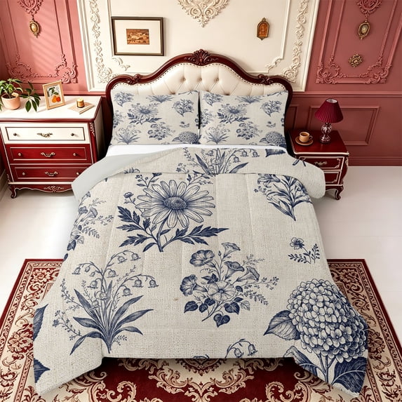 Erosebridal Navy Vintage Damask Full Size Comforter Sets,Cream Ornate Floral Bedding Comforter Set,3pcs,1 Comforter and 2 Pillowcases,Light Gray Reversible