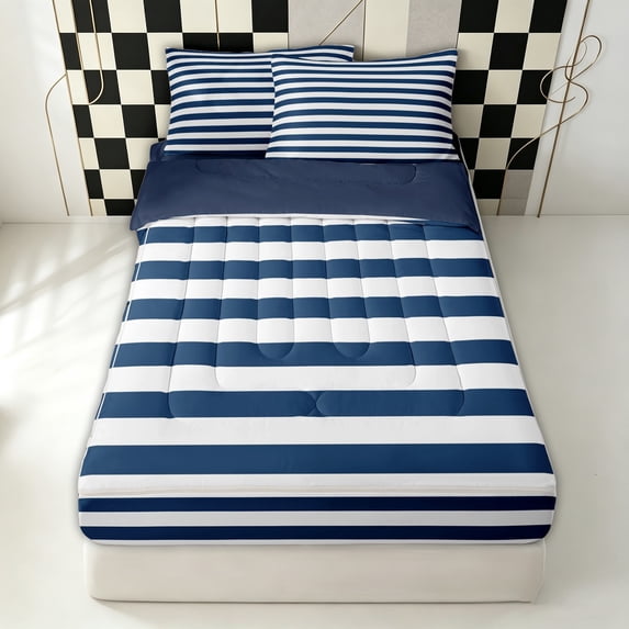 Erosebridal Navy White Stripe Abstract Zipper Queen Comforter Set with Fitted Sheet and 2 Pillowcases for Girls, Modern Simple Lines Zipper Bedding Set, Navy Reversible, 4-Piece