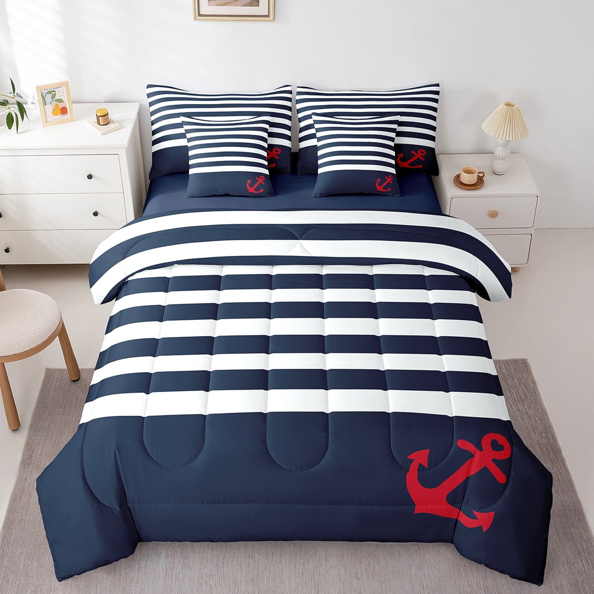 Erosebridal Navy White Stripe Bedding Full Size, Nautical Anchor Comforter Sets with Sheets, Breathable Duvet Set Room Decoration, Reversible 7-Piece