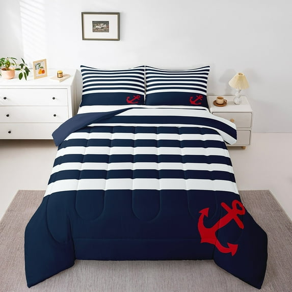 Erosebridal Navy White Stripe Bedding Sets Twin with Comforter, Nautical Anchor Duvet Insert, Breathable Comforter Sets Twin Size Room Decoration, 2pcs