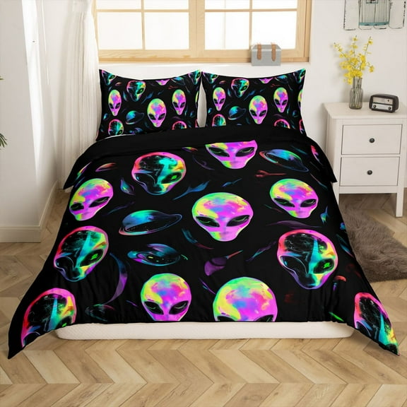 Erosebridal Neon Alien Duvet Cover King, Outer Space Bedding Sets King Size, Teens Adult Reversible Comforter Cover King, Microfiber Bedroom Decorative, 3-Piece（No Comforter）