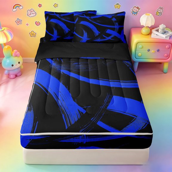 Erosebridal Neon Blue Abstract Brush Zipper Twin Comforter Sets with Fitted Sheet and 2 Pillowcases,Curved Stroke Modern Art Zipper Bedding Set For Adults,Black Reversible,4 Pieces