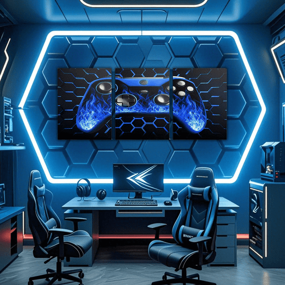 Erosebridal Neon Blue Gamepad Canvas Wall Art for Bedroom, Video Game Wall Hanging Decor for Living Room, Geometry Hexagon Wall Decor for Bathroom, Luxury Living Room Decorative