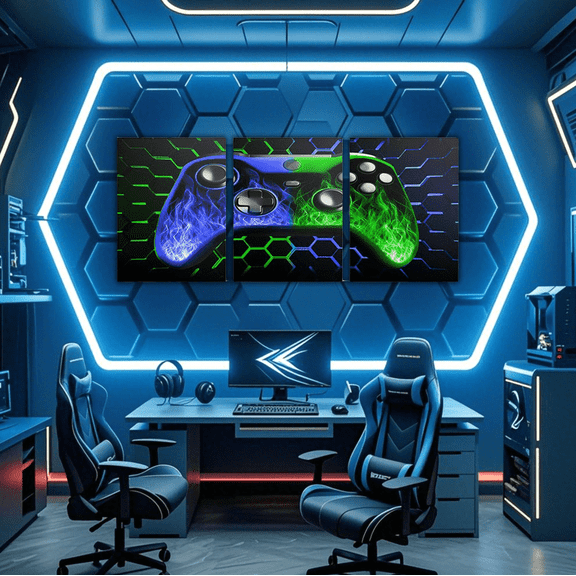 Erosebridal Neon Blue Green Gamepad Canvas Wall Art Set of 3, Video Game Framed Wall Art for Living Room, Geometry Hexagon Wall Decor for Kitchen, Luxury Living Room Decorative