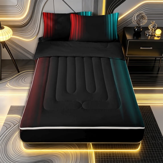 Erosebridal Neon Chic Zipper Queen Comforter Set with Fitted Sheet and 2 Pillowcases,Vertical Streak Print Zipper Bedding Set,Red Teal Black,Black Reversible