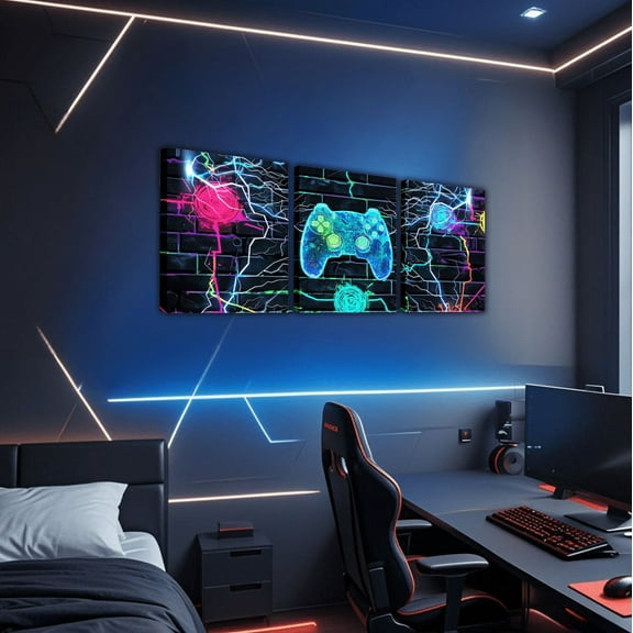 Erosebridal Neon Cyan Gamepad Canvas Wall Art Living Room , Gradient Lightning Wall Decor for Bedroom