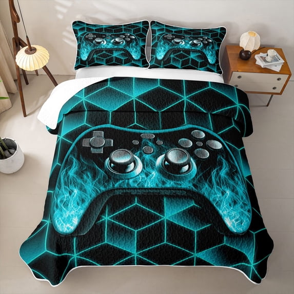 Erosebridal Neon Cyan Gamepad Quilt King for Boys Men, Square Game Controller King Coverlet Set, 3 Pieces