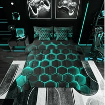 Erosebridal Neon Cyan Honeycomb Bedding Twin Size, Geometric Hexagon Comforter Sets with Sheets, Black Bedroom Decor, Reversible 7pcs
