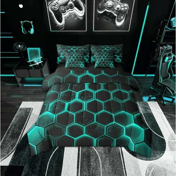 Erosebridal Neon Cyan Honeycomb Bedding Twin Size, Geometric Hexagon Comforter Sets with Sheets, Black Bedroom Decor, Reversible 7pcs