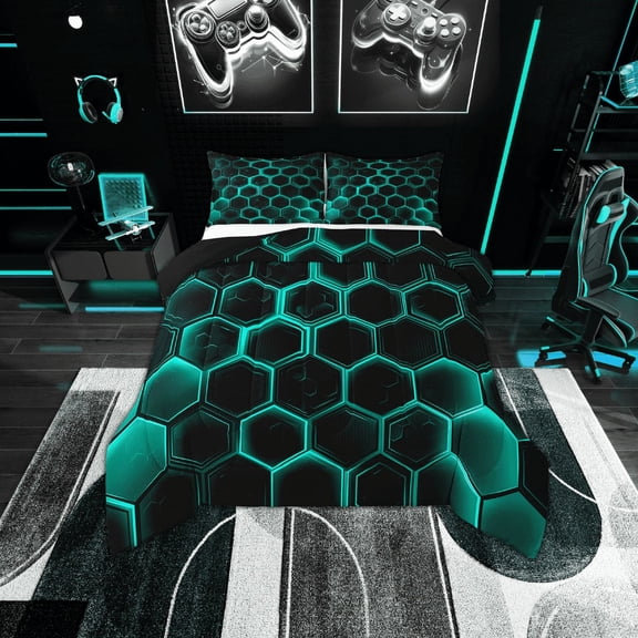 Erosebridal Neon Cyan Honeycomb Comforter Sets Twin Size, Geometric Hexagon Comforters & Duvets, Black Bedroom Decor, Reversible 2pcs