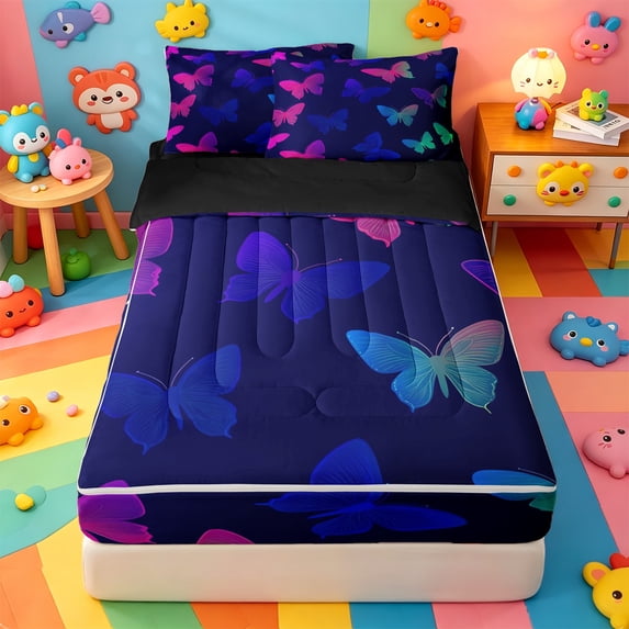 Erosebridal Neon Fantasy Zipper Full Size Comforter Sets with Fitted Sheet and 2 Pillowcases,Gradient Butterfly Print Zipper Bedding Set For Girls,Black Reversible,4pcs