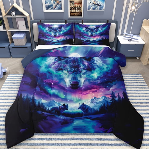 Erosebridal Neon Galaxy Aurora Bedding Twin Comforter Set,Wildlife Wolves Wolf Down Comforter,Nature Mountain Landscape Bedding Sets Twin with Comforter,Microfiber Bedroom Decor Reversible,2 Pieces