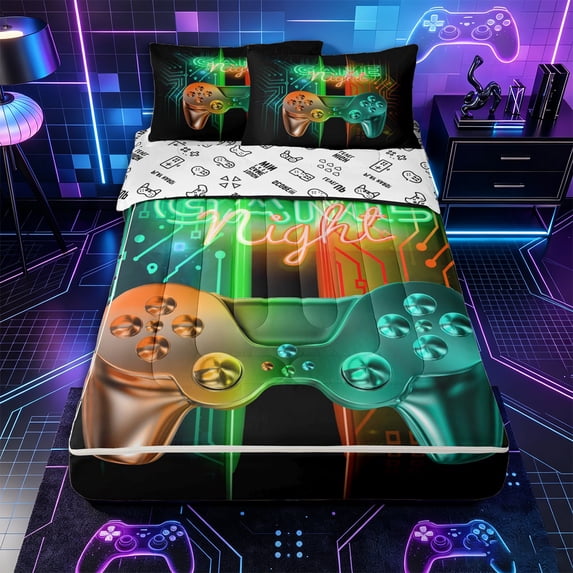 Erosebridal Neon Game Controller Pattern Zipper Queen Comforter Set with Fitted Sheet and 2 Pillowcases,Circuit Board Print Zipper Bedding Set,Green Orange Teal Black,Reversible