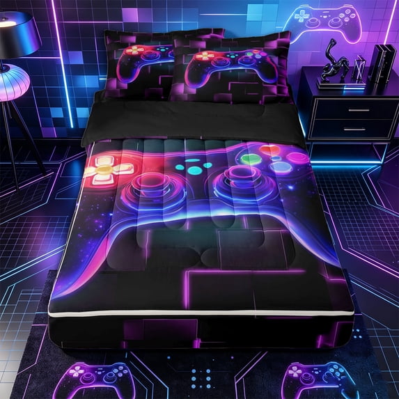 Erosebridal Neon Game Controller Pattern Zipper Queen Comforter Set with Fitted Sheet and 2 Pillowcases,Cube Block Print Zipper Bedding Set,Purple Pink Blue,Black Reversible