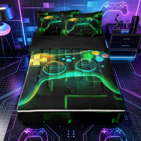 Erosebridal Neon Game Controller Pattern Zipper Twin Comforter Sets with Fitted Sheet and 2 Pillowcases,Cube Block Print Zipper Bedding Set,Emerald Green Black,Black Reversible