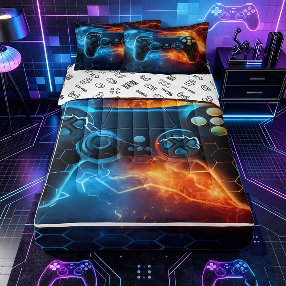 Erosebridal Neon Game Controller Zipper Twin Comforter Sets with Fitted Sheet and 2 Pillowcases,Hexagon Lightning Print Zipper Bedding Set,Blue Orange Black,Reversible