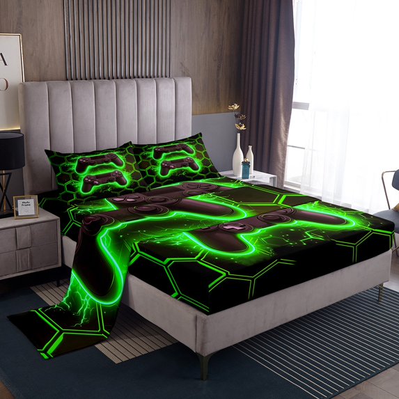 Erosebridal Neon Gamepad Bed Sheets Set Full Size , Green Hexagon Honeycomb Bedding Sets Full Size, 4 Pieces (Top Sheet, Fitted Sheet, Pillowcase)