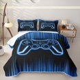 thumbnail image 1 of Erosebridal Neon Gamepad Bed Spread Queen for Boys Men, Neon Stripes Abstract Queen Coverlet Set, Black Blue, 3pcs, 1 of 7