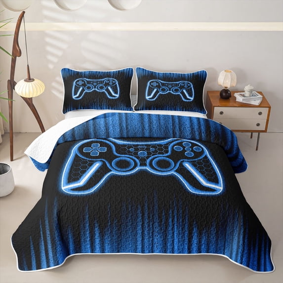 Erosebridal Neon Gamepad Bed Spread Queen for Boys Men, Neon Stripes Abstract Queen Coverlet Set, Black Blue, 3pcs