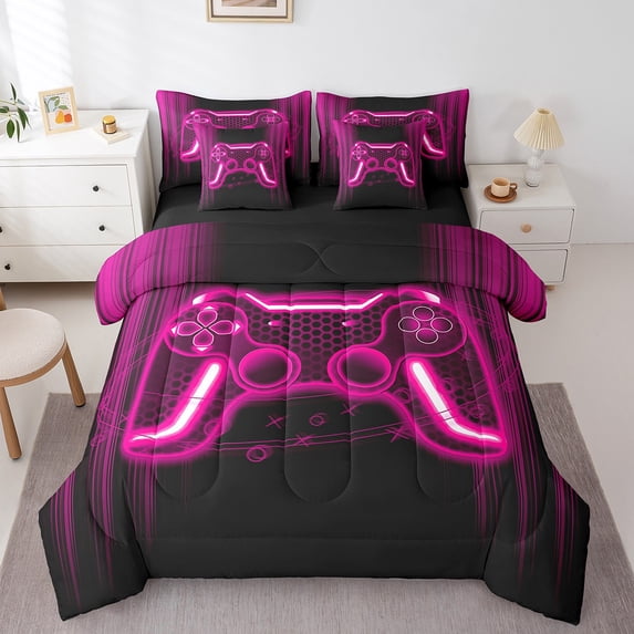 Erosebridal Neon Gamepad Bedding King Size,Geometry Honeycomb Bed Set,Pink Black Bedding Sets King Size For Boys,Super Cozy Room Decoration Reversible,7pcs