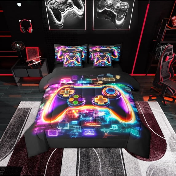 Erosebridal Neon Gamepad Bedding Sets, Futuristic Geometry Comforter Sets with Sheets, Modern Video Gaming Reversible Bed Sheets Set, Breathable Room Decorative, 7pcs