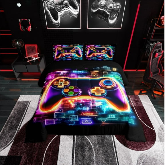 Erosebridal Neon Gamepad Bedding Twin Comforter Set, Futuristic Geometry Down Comforter, Modern Video Gaming Reversible Comforters & Duvets, Breathable Room Decorative, 2pcs