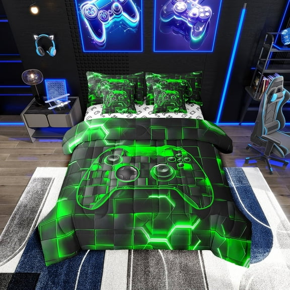 Erosebridal Neon Gamepad Bed in a Bag Twin size, Modern Gaming Sports Bed Set, Honeycomb Geomrtry Decor, Reversible