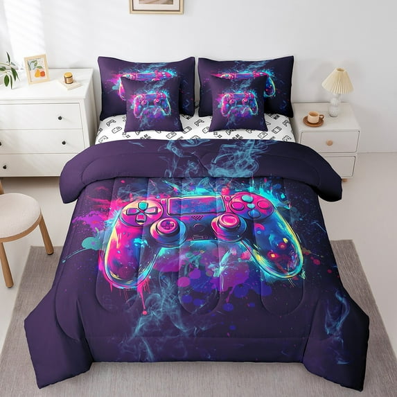 Erosebridal Neon Gamepad Bedding Twin Size, Modern Watercolor Bedding Sets Twin Size, Video Game Reversible Bed Set, Ultra Soft Bedroom Decoration, 7pcs