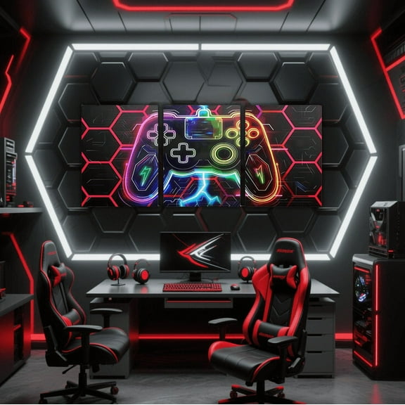 Erosebridal Neon Gamepad Canvas Wall Art Living Room , Red Hexagon Honeycomb Framed Wall Art Set of 3