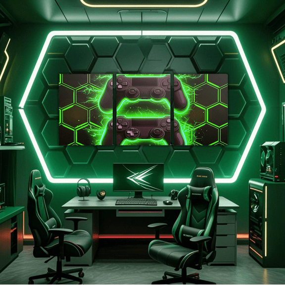 Erosebridal Neon Gamepad Canvas Wall Art for Bedroom , Green Hexagon Honeycomb Wall Hanging Decor for Living Room