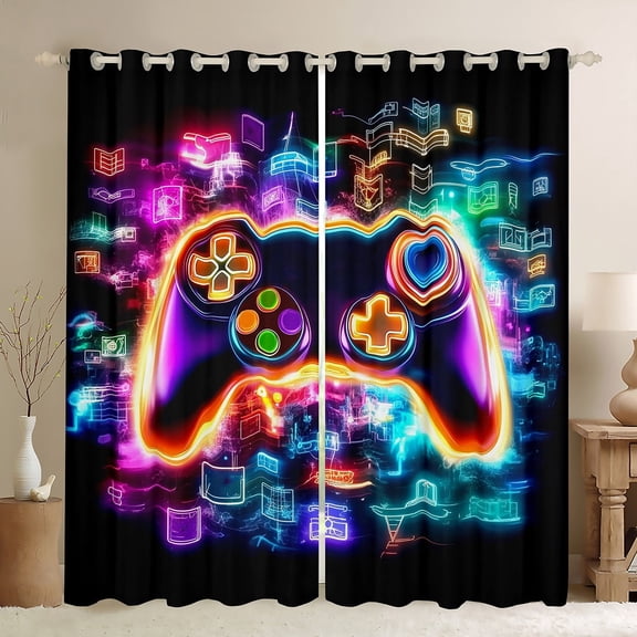 Erosebridal Neon Gamepad Curtains Pack of 2 (42x63), Futuristic Geometry Curtains for Living Room, Modern Video Gaming 30%-50% Black Out Curtains, Window Curtains Room Decorative