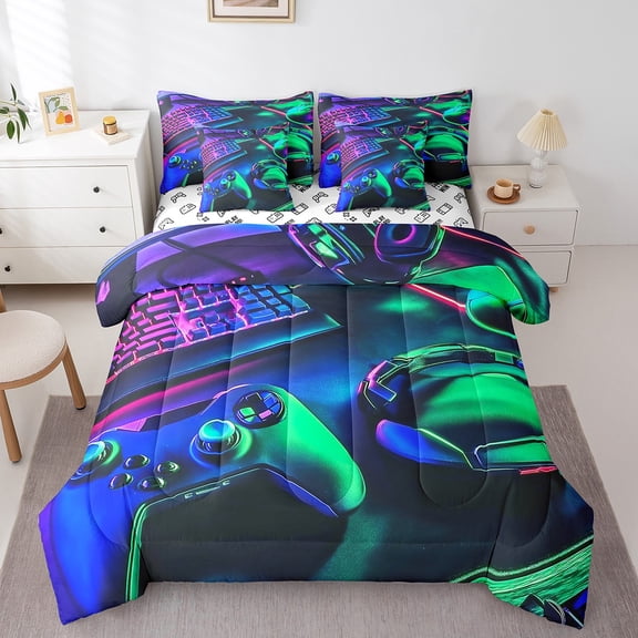 Erosebridal Neon Gamepad Keyboard Bedding Sets Twin Size, Gamer Gaming Comforter Sets with Sheets, Game Theme Bedroom Decor, Reversible 7-Piece