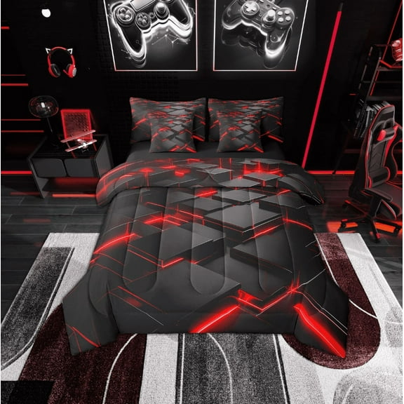 Erosebridal Neon Geometry Plaid Bedding Sets Twin Size,Geometric Honeycomb Comforter Sets with Sheets,Red Black Bed in a Bag Twin Size For Teens,Lightweight Room Decor Reversible,7-Piece