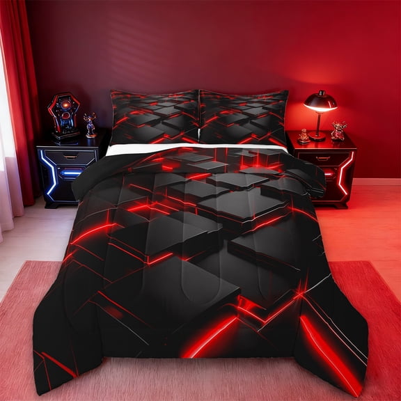 Erosebridal Neon Geometry Plaid Bedding Twin Comforter Set,Geometric Honeycomb Down Comforter,Red Black Bedding Sets Twin with Comforter For Teens,Lightweight Room Decor Reversible,2-Piece