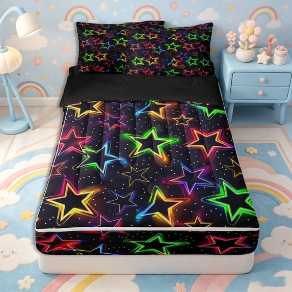 Erosebridal Neon Glow Pattern Zipper Queen Comforter Set with Fitted Sheet and 2 Pillowcases,Star Element Print Zipper Bedding Set,Green Blue Purple,Black Reversible