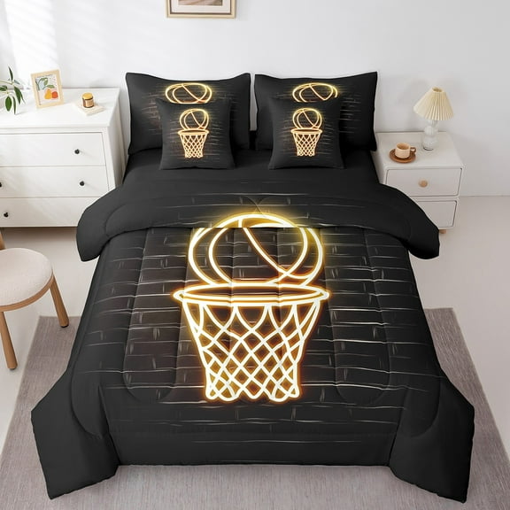 Erosebridal Neon Gradient Basketball Bedding Twin Size, Teens Ball Game Bed in a Bag Twin size, Reversible 7 Pieces