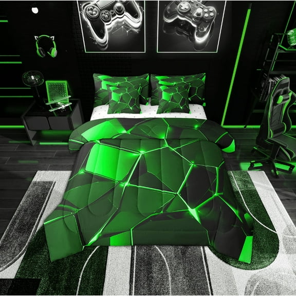Erosebridal Neon Green Bedding Sets Twin Size, Gradient Geometry Comforter Sets with Sheets, Super Cozy Bedding Accessories Room Decor, Reversible 7pcs
