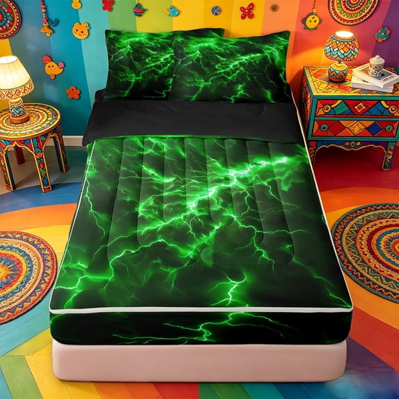 Erosebridal Neon Green Lightning Zipper Full Size Comforter Sets with Fitted Sheet and 2 Pillowcases,Modern Gaming Zipper Bedding Set For Girls,Black Reversible,4pcs
