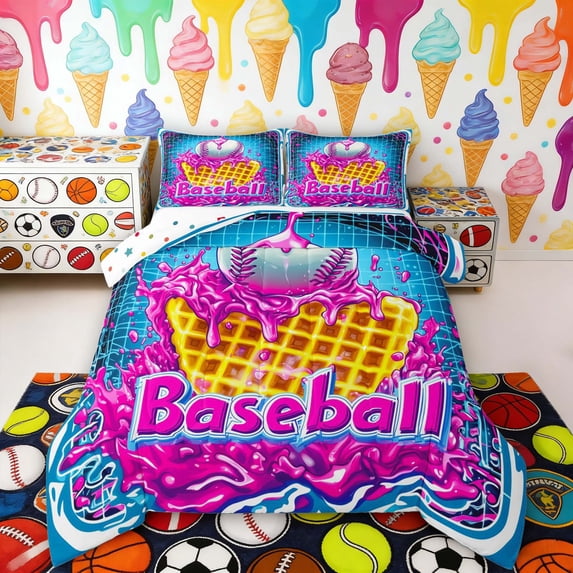 Erosebridal Neon Grid Baseball Full Size Comforter Sets, Cute Sport Bedding Sets for Girls, Polka Dots Reversible 3 Pieces, 1 Comforter and 2 Pillowcases