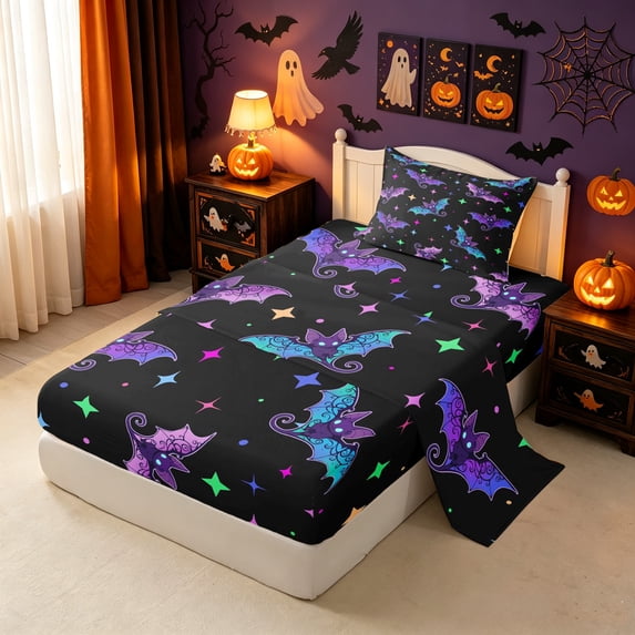Erosebridal Neon Halloween Bat Twin Sheets, Stars Galaxy Bedding, Dark Purple, Black Reversible, 3-Piece, 1 Flat Sheet, 1 Fitted Sheet and 1 Pillowcase