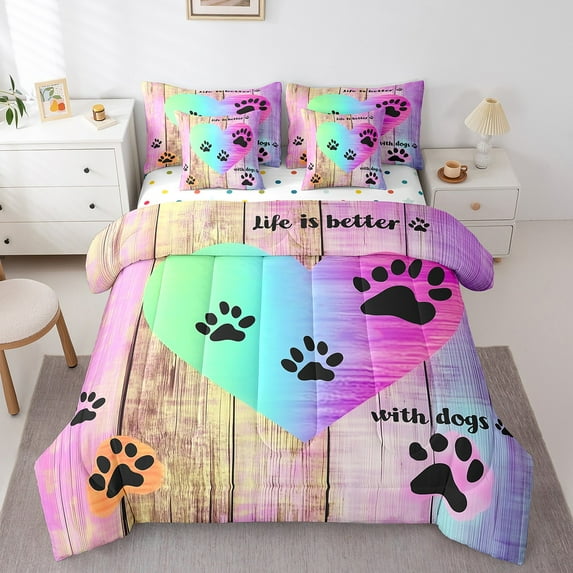 Erosebridal Neon Heart Bedding Full Size, Lake House Bed in a Bag Full size, Dog Paw Decor, Reversible 7-Piece