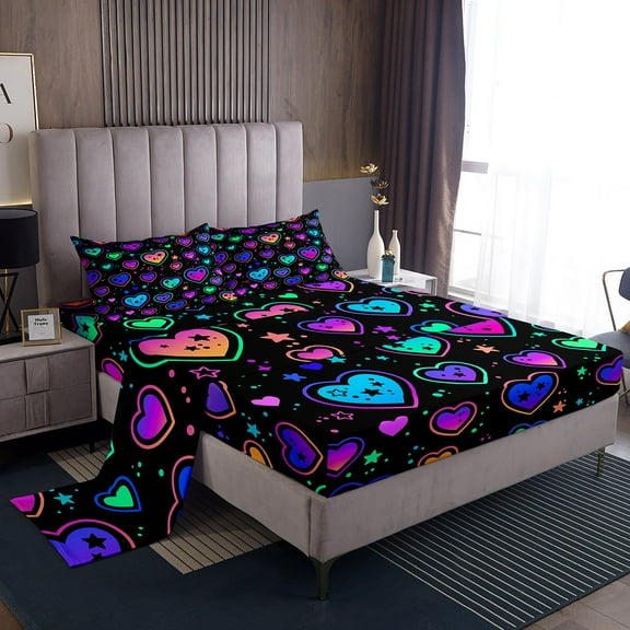 Erosebridal Neon Hearts Bed Set Rainbow Love Heart Bed Sheets Set for Girls, Psychedelic Galaxy Sheet Set Twin Gradient Glowing Stars Sheets, Black Girly Top Sheet Lightweight