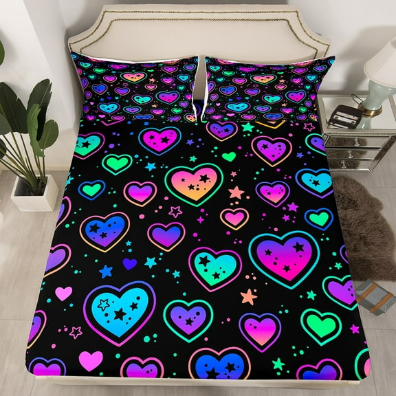 Erosebridal Neon Hearts Bed Sheets Rainbow Love Heart Fitted Sheet Twin Size , Psychedelic Galaxy Sheets Gradient Glowing Stars Bedding, Black Girly Bed Cover Lightweight (Deep Pocket)