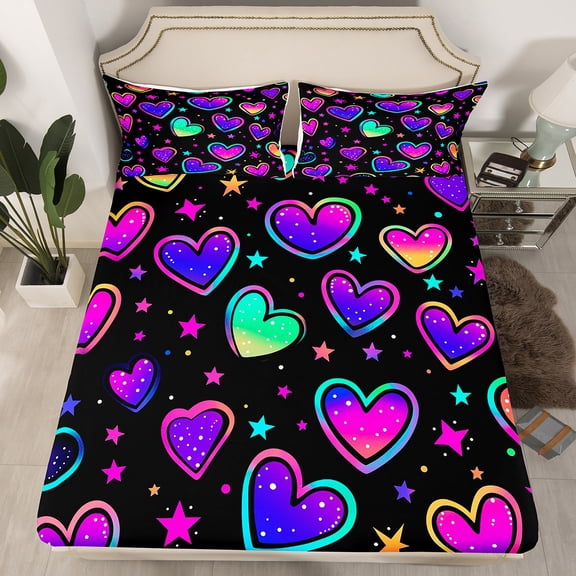 Erosebridal Neon Hearts Bed Sheets Rainbow Love Heart Fitted Sheet Twin Size , Psychedelic Galaxy Sheets Gradient Glowing Stars Bedding, Black Girly Bed Cover Lightweight (Deep Pocket)