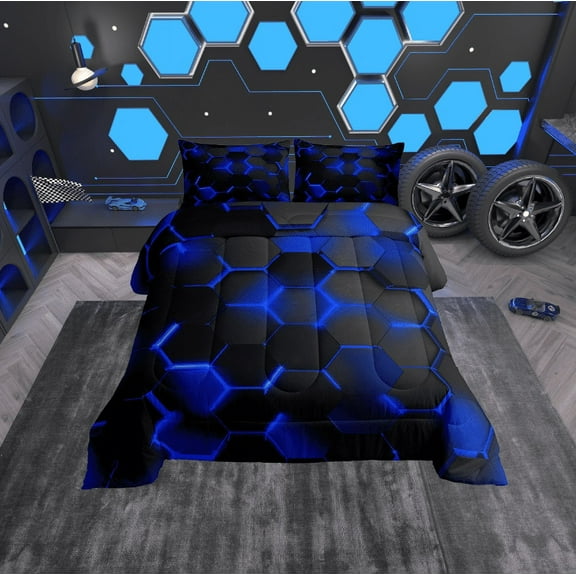 Erosebridal Neon Honeycomb Bedding Twin Comforter Set, Blue Geometric Down Comforter, Abstract Stripe Reversible Comforter Sets Twin Size, Breathable Room Decorative, 2pcs