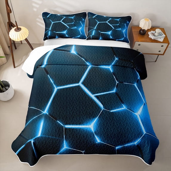 Erosebridal Neon Honeycomb Geometric Quilt Full,Blue Abstract Hexagon Full Bedspread Sets For Boys,3 Pieces